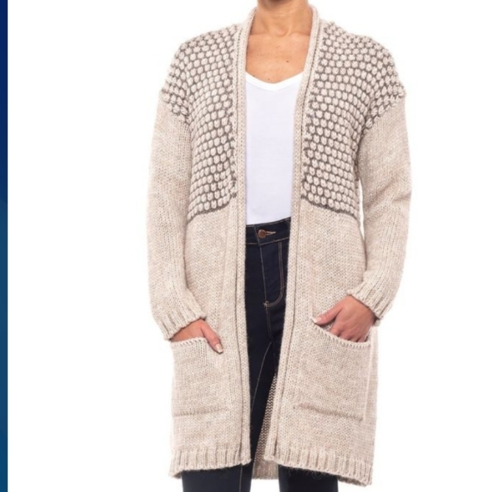 Elsamanda (Size S) Cream Alpaca Blend Double Front Slip Pocket LS Open Cardigan
